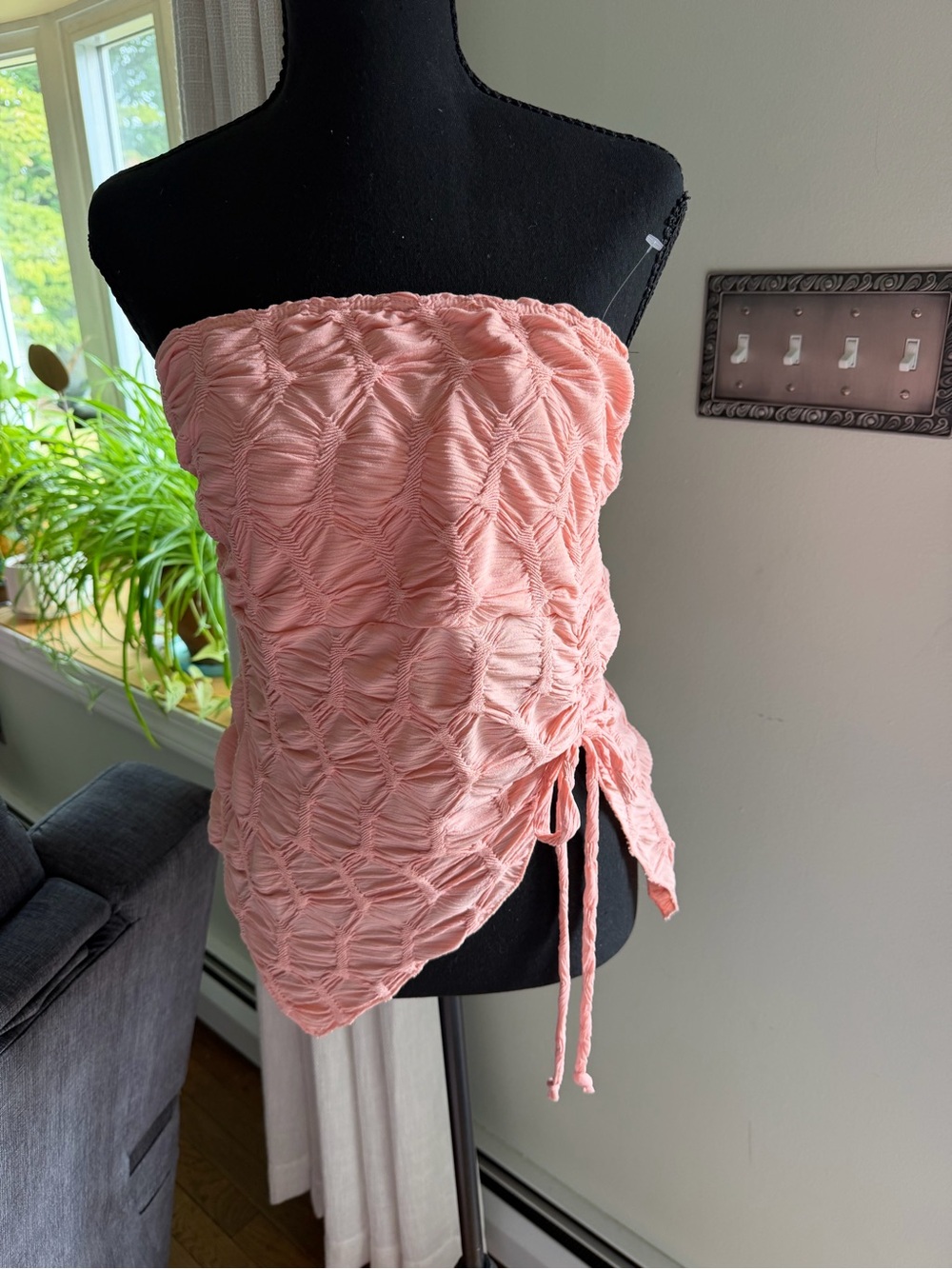 See You Monday Blush Pink Smocked Strapless Top with Side Tie